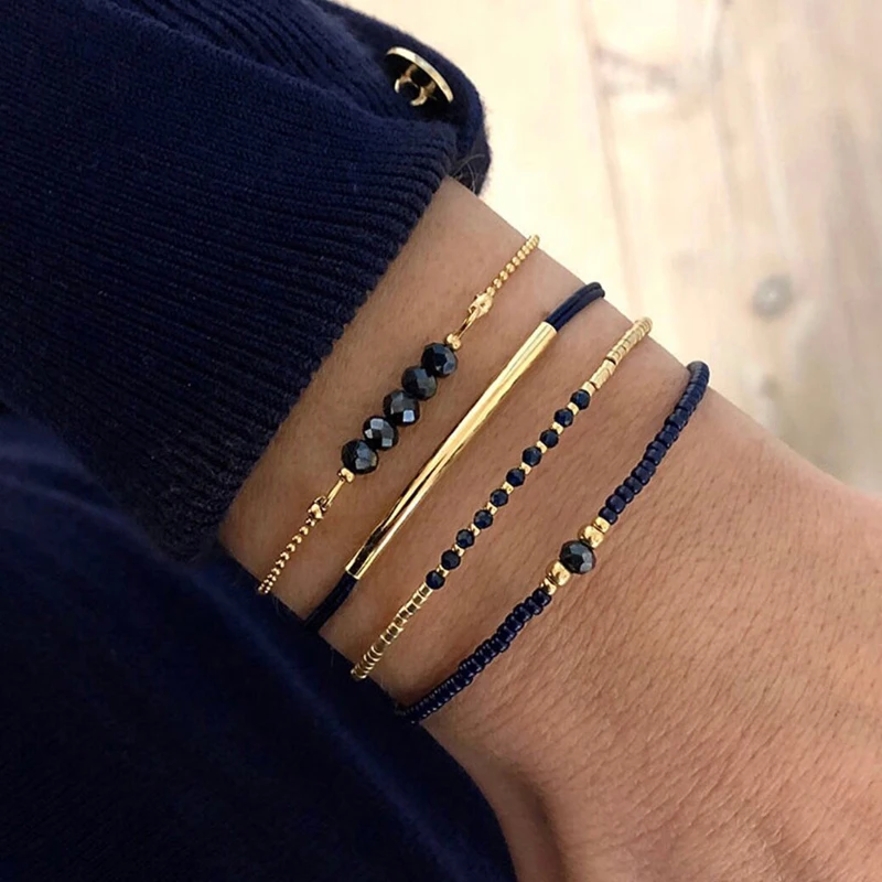 Conjunto de pulsera de piedra de cristal negro hecho a mano para mujer, brazalete de cadena de eslabones con cuentas de arroz apilado multicapa bohemio, joyería de moda