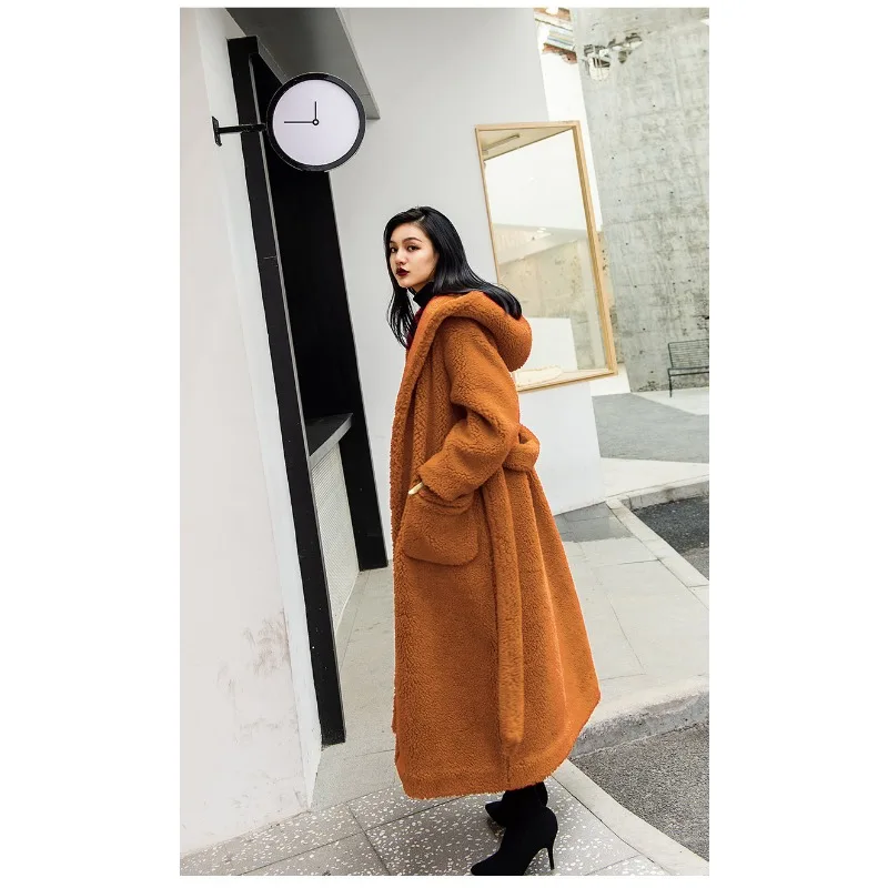 New Women Fur Coat 2025 Autumn Winter Hooded Lace Up Imitation Fur Jacket All Match Thickened Loose Long Faux Fur Overcoat