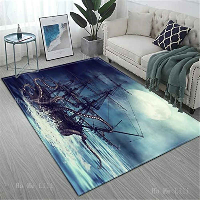 

Sea Monster Octopus Tentacles Attack Corsair Roaring Waves Ocean Themed Modern Carpet Non Slip Microfiber Flannel Floor Rugs