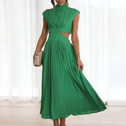 Women Green Hollow Out Maxi Dress Solid Fashion Sleeveless Backless Female Dresses Elegant Casual Ruched Long Dress Summer 2023