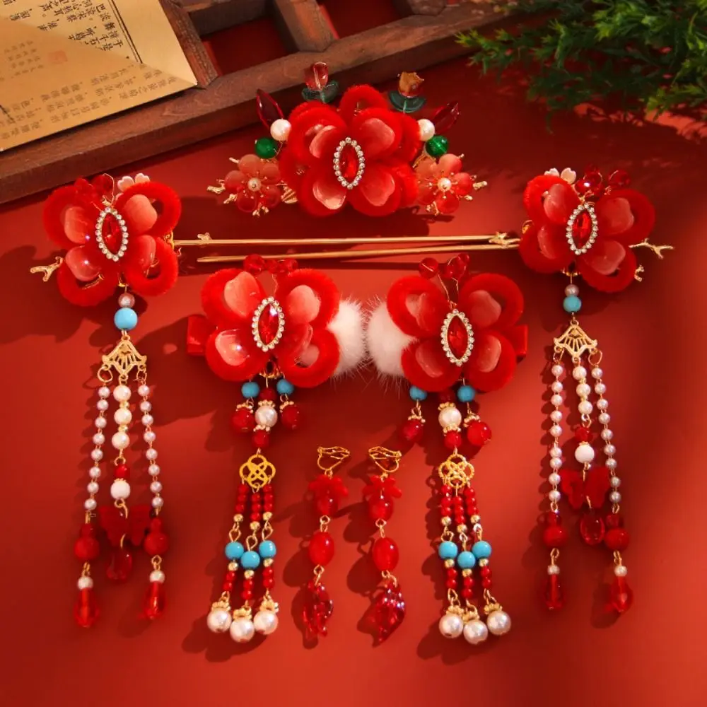 Antique New Year Chinese Style Hairpin Set Red Pearl Hanfu Hair Stick Alloy Earring Flower Hair Comb Women