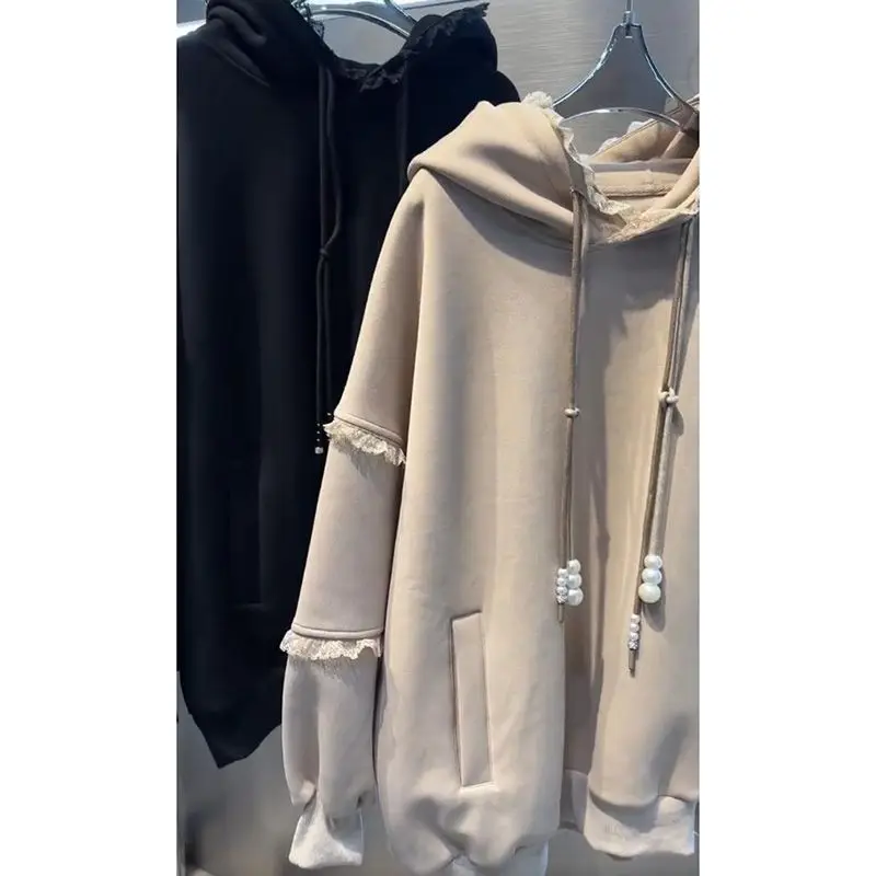 هوديس القطن مقنعين ملابس الخريف السيدات امرأة شابة تكدرت الألياف الرمادية حروف متوسطة الطول المتناقضة مطابقة الفرنسية