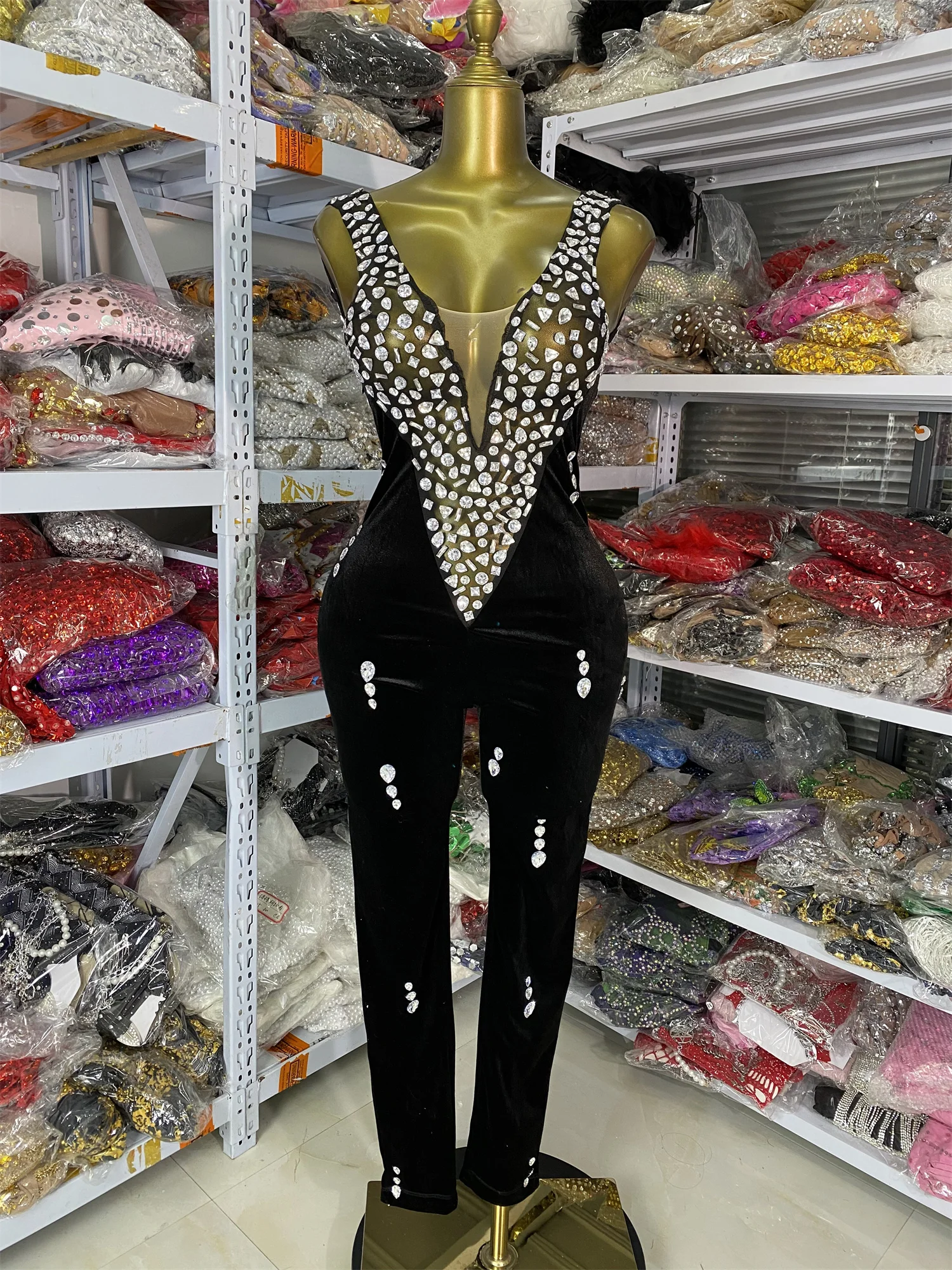 

Factory Wholesale Women Rhinestones Mesh Velvet Patchwork Bodycon Jumpsuits Dress Evening Club Party Performance Stage Costumes