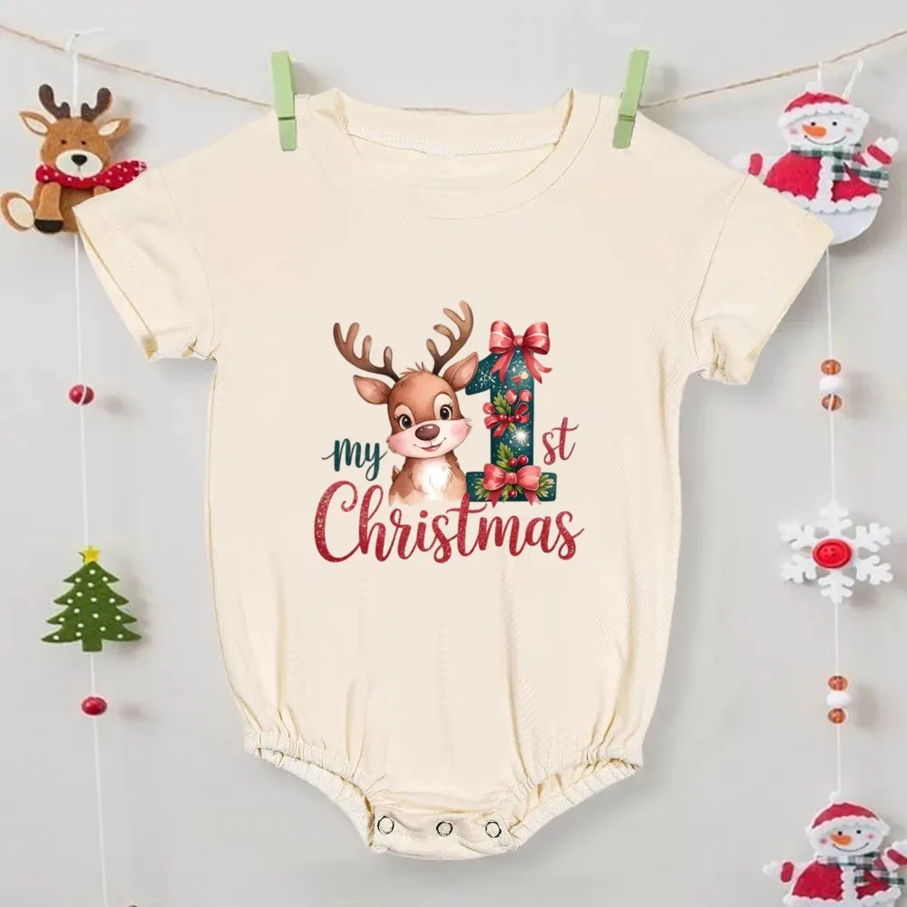 My First Christmas with Deer Christmas Tree Print Beige Bubble Jumpsuit Baby Christmas Party Outfit Baby Retro Bodysuits