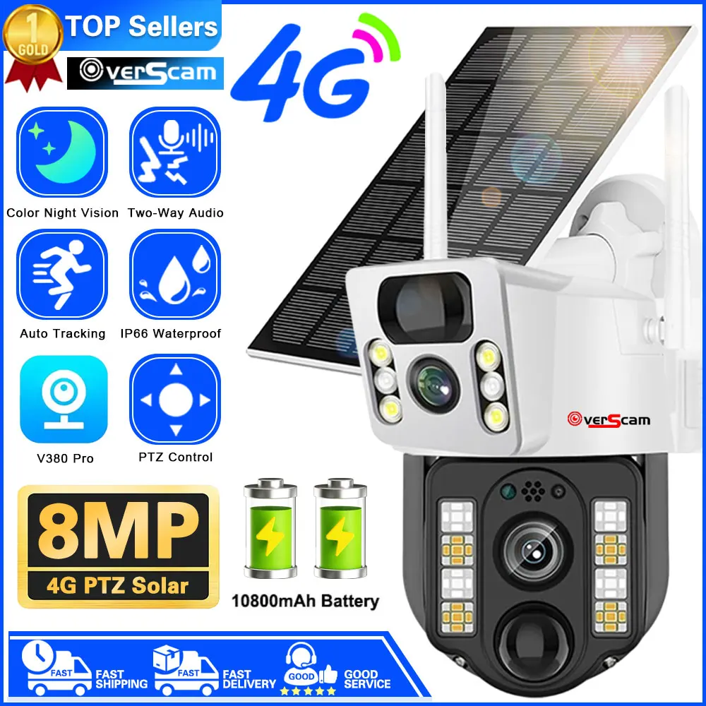 

4K 8MP Dual Lens V380 Pro 4G SIM Card Solar Battery PTZ Outdoor Wireless Bidirectional Call Security CCTV Auto Tracking Camera