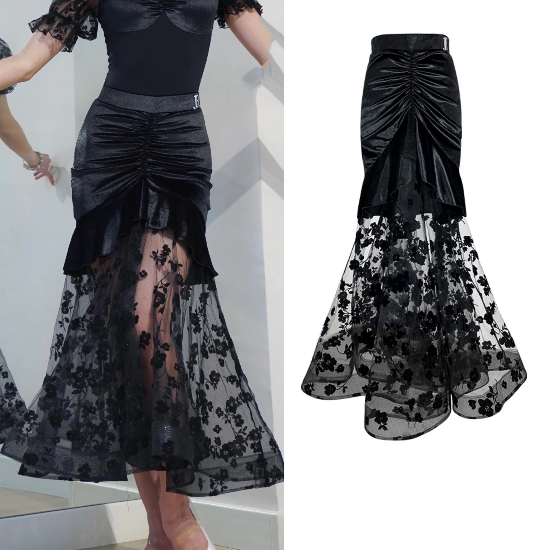 Ballroom Dance Clothes Women Adult Wrap Hip Sexy Black Long Skirt Lace Gauze Waltz Dance Skirt Practice Performance Wear NV20015