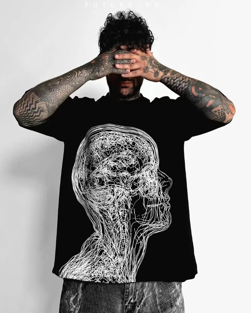 

Streetwear punk hip-hop men T-shirt Y2K new High Street Gothic Harajuku short-sleeved fashionable and trendy casual loose shirt