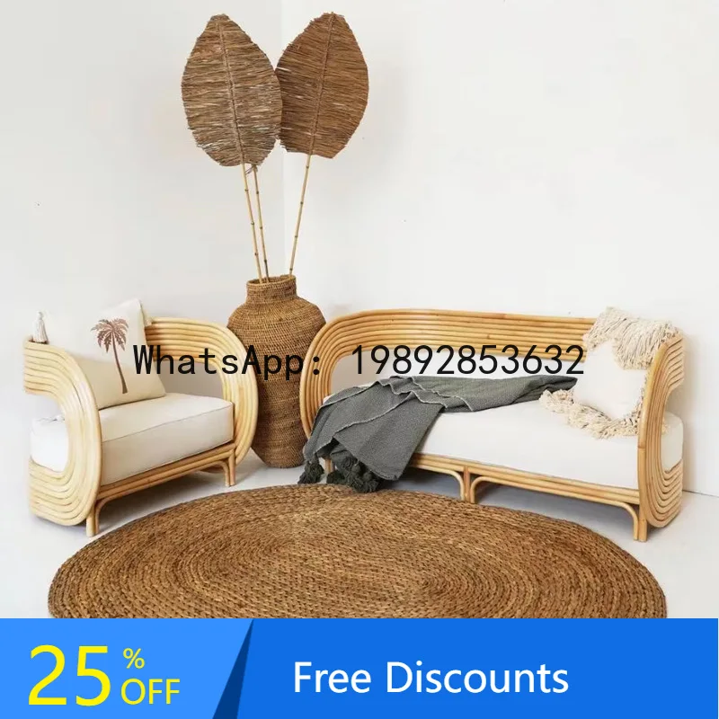 Three-Seater Full Rattan Sofa for Living Room, Nordic Style Indoor Natural Rattan Woven Sofa