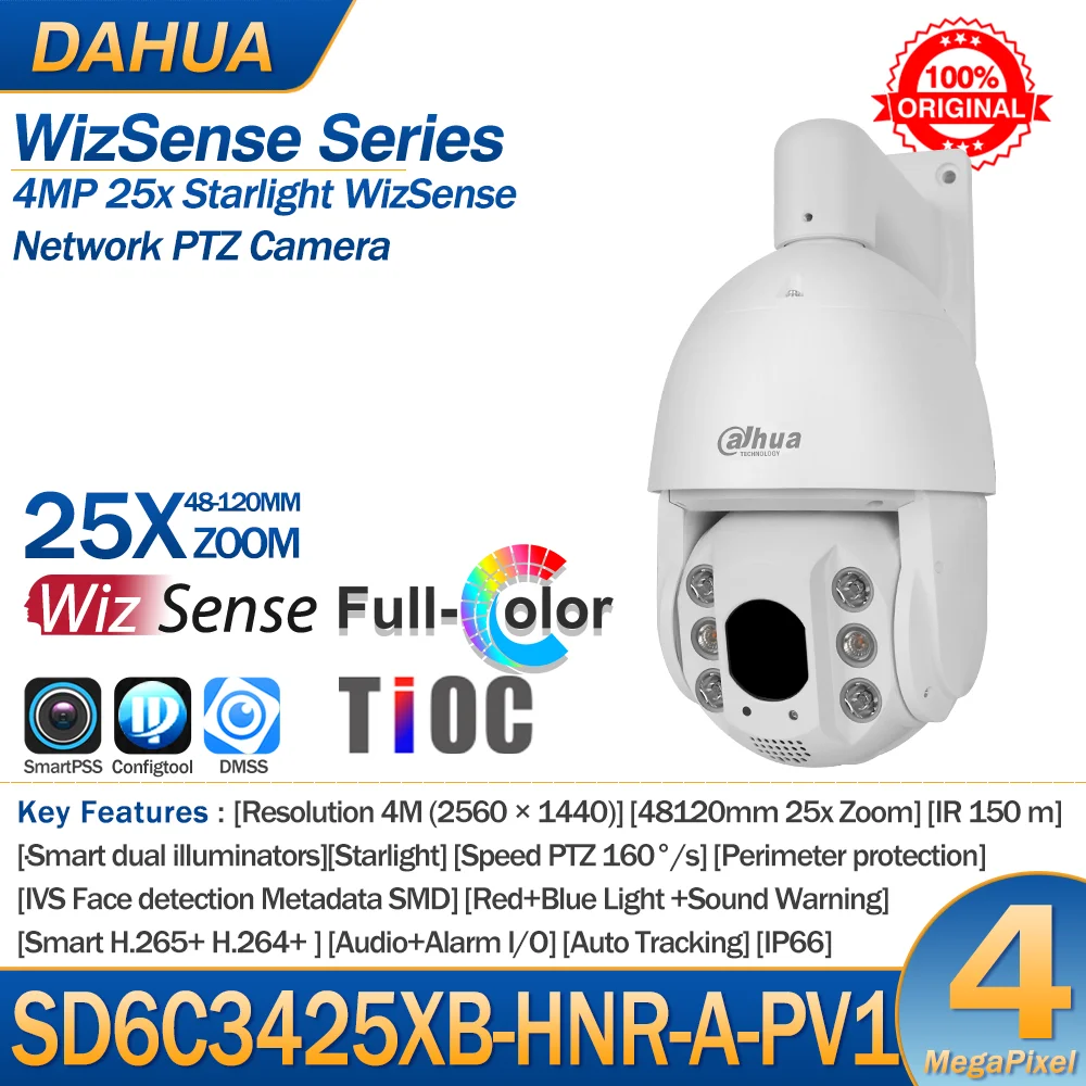 Dahua PTZ IP Camera 4MP SD6C3425XB-HNR-A-PV1 25X Optical Zoom IR 150M WizSense Auto-tracking Perimeter Protection Face Detection