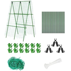 Conjunto de enrejado de pepino, Marco A para soportes de cultivo de plantas vegetales de jardín, ajuste de planta trepadora desmontable de 48x48 pulgadas con Red y Clips