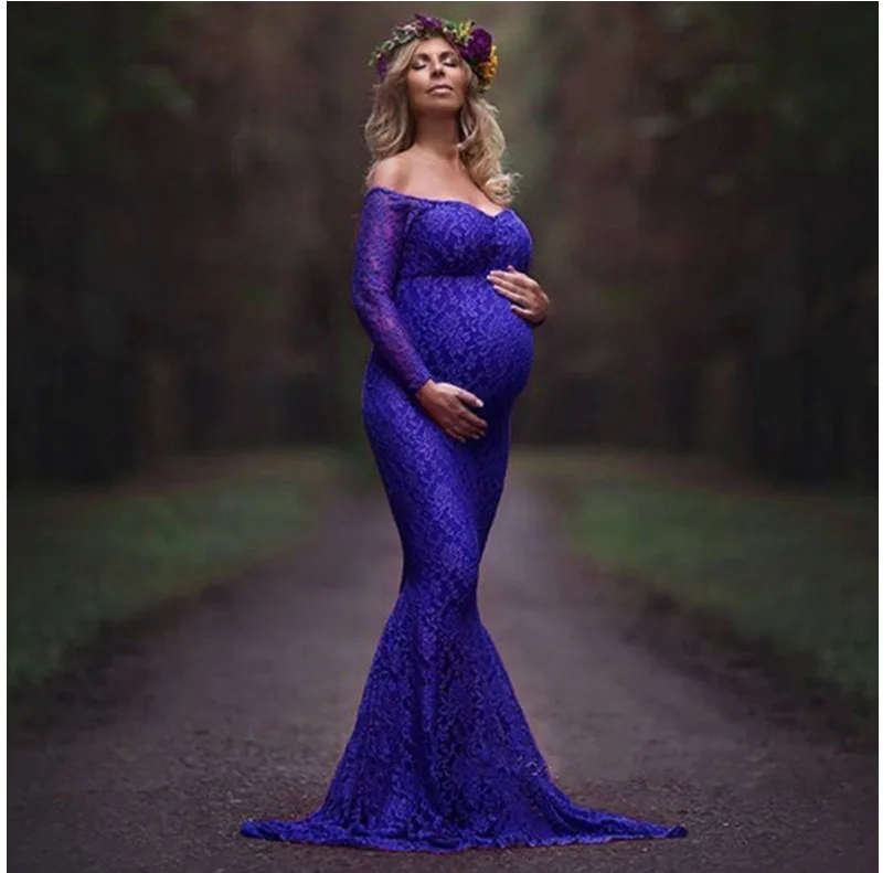 

Maternity Photoshoot Dress - European & American Style Off-Shoulder Lace Maxi Gown with Long Sleeves Pregnancy Women Photography