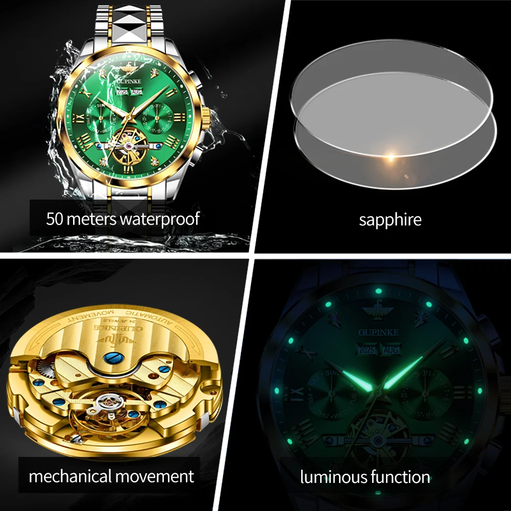 Originale Top Brand OUPINKE 3240 Orologio automatico da uomo Impermeabile Scheletro luminoso Orologio da polso meccanico Quadrante grande Orologi da uomo