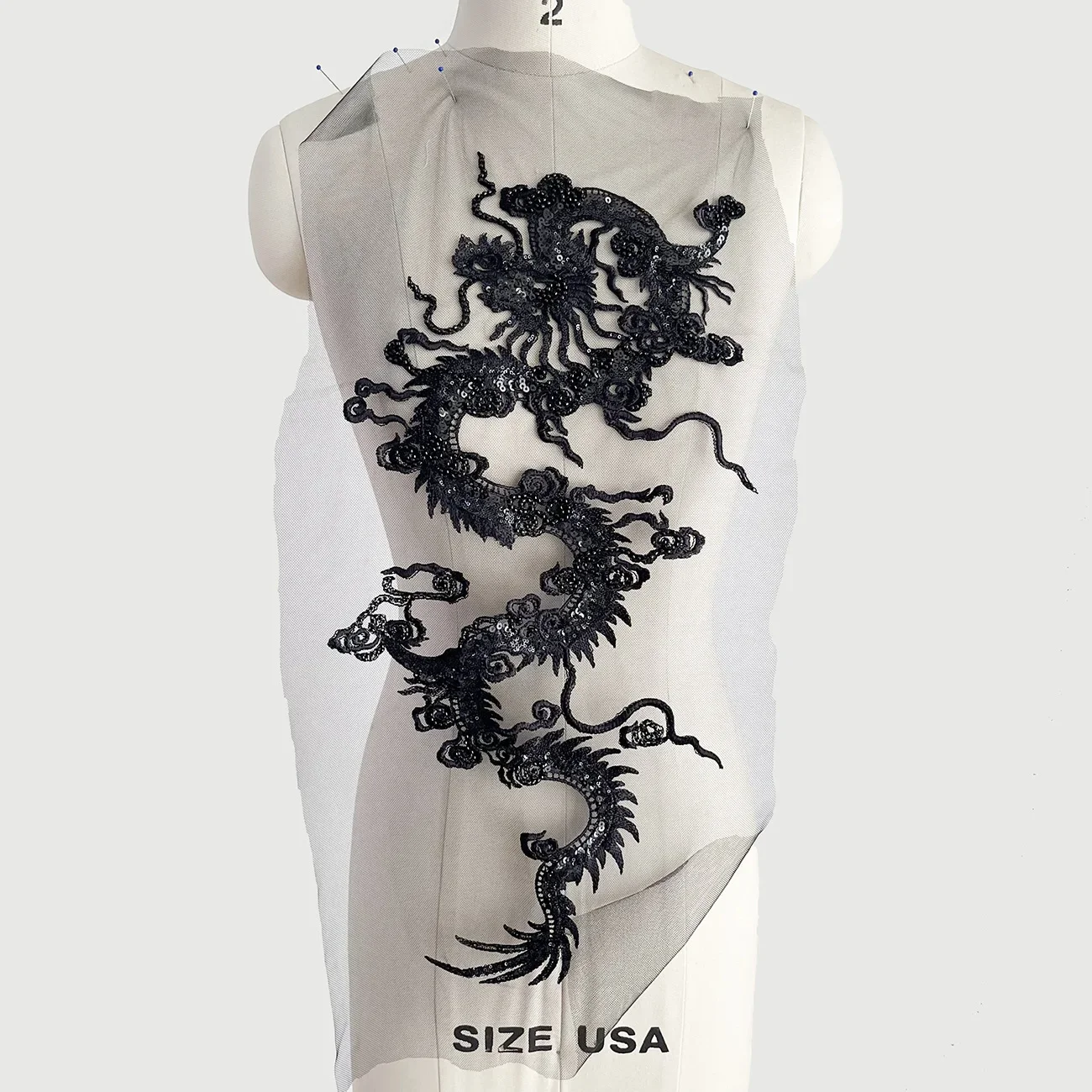 

Black Auspicious Dragon Embroidery Decorative Lace Applique for Wedding Dress Cheongsam DIY Decorative