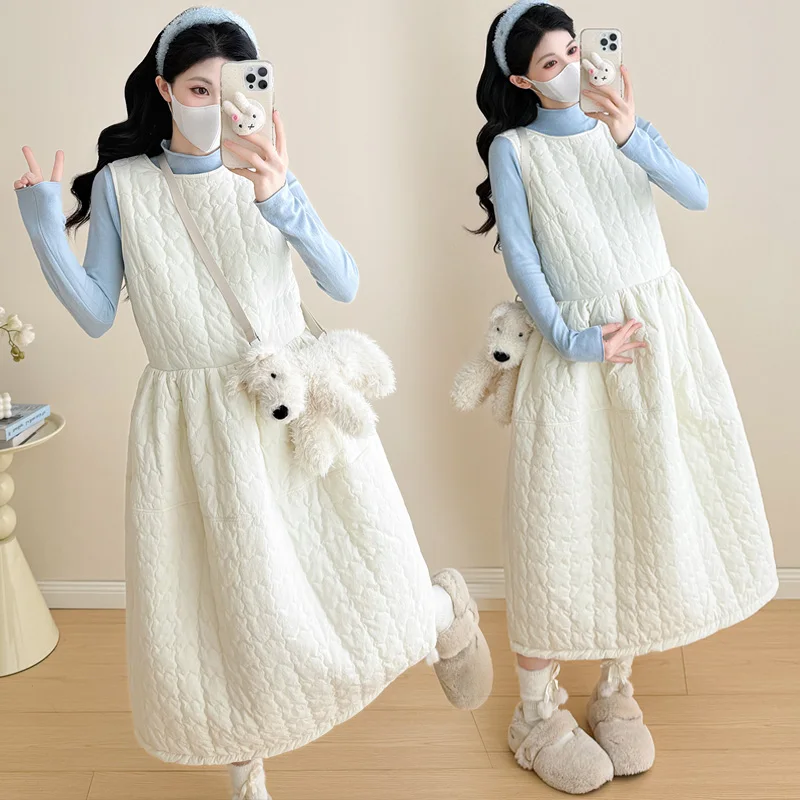 French Style Pregnant Woman Winter Clothes Set Long Sleeve Turtleneck Top Cotton Sundress Two Pieces Set Maternity Dress Suits