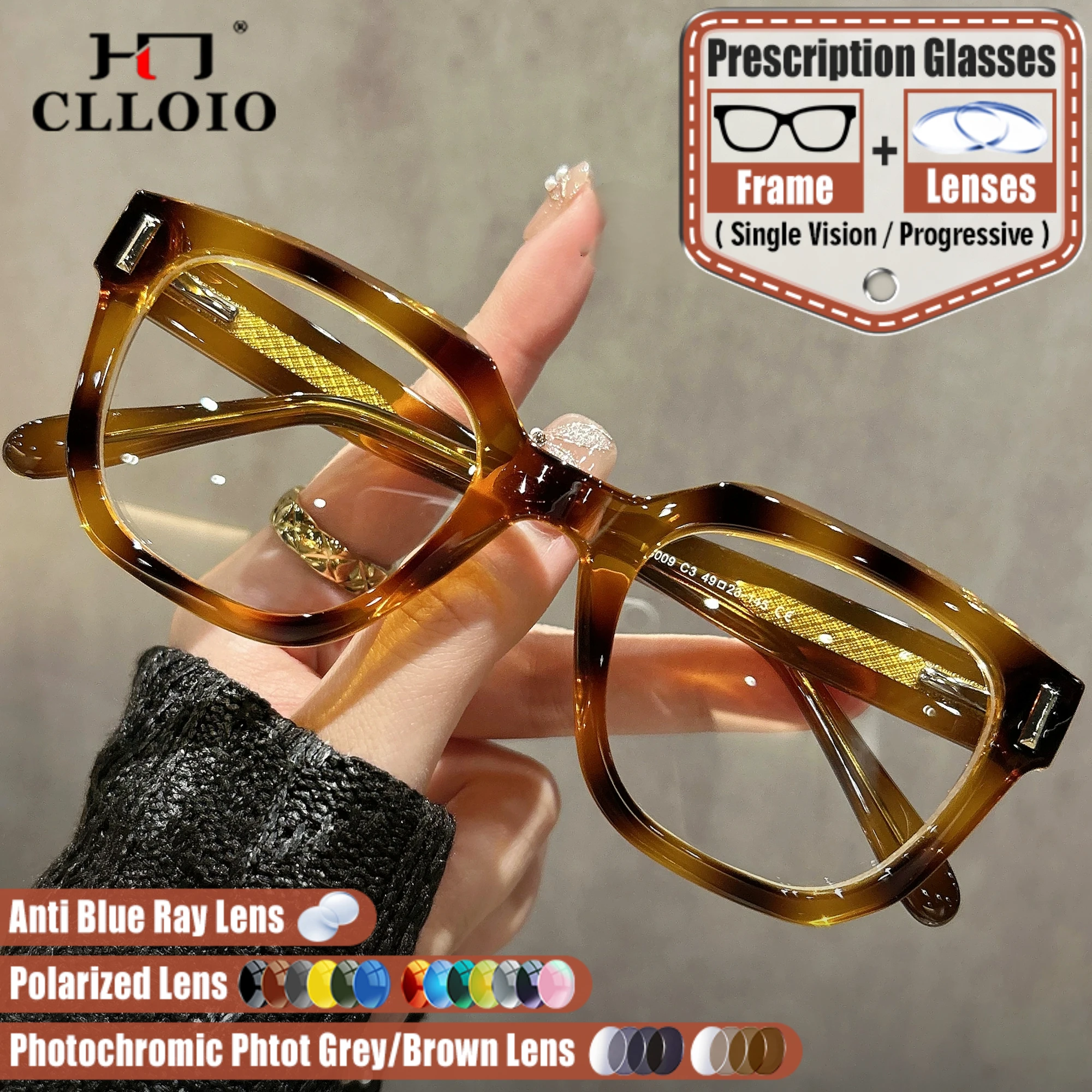 

CLLOIO Fashion Square Anti Blue Light Prescription Glasses Men Women Optical Photochromic Myopia Progressive Customized Eyewear