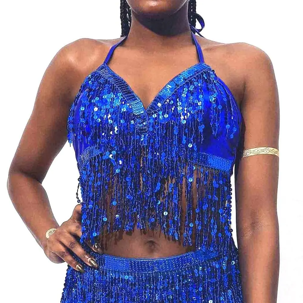 Women Belly Dance Sequin Tassel Fringe Top Nightclub Performance Halter Bra Dance Wear Stage Show Costumes