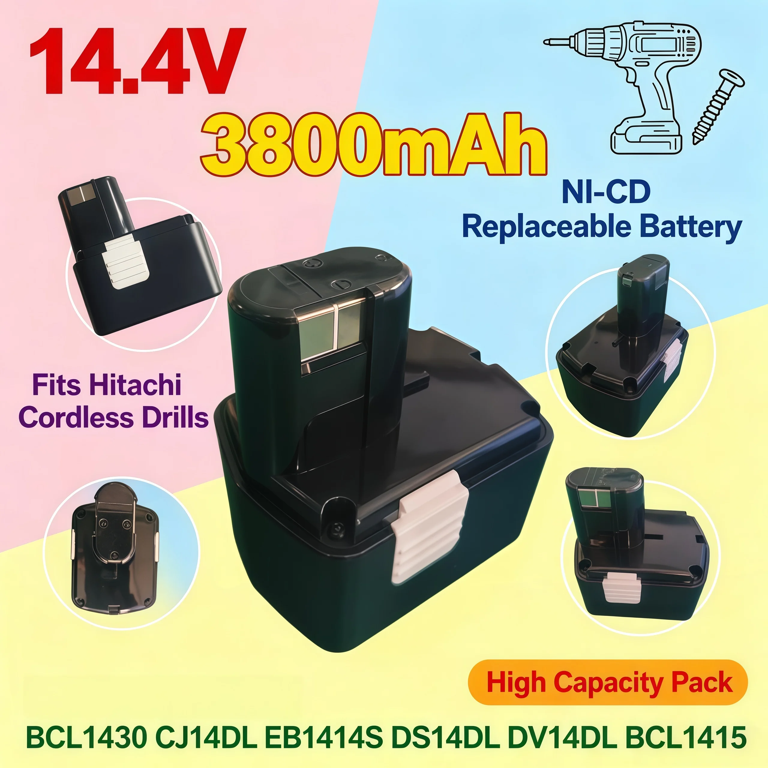 14.4V NI‑MH 3800mAh Replacement Power Tool Battery For Hitachi BCL1430 CJ14DL EB1414S DS14DL DV14DL BCL1415 Cordless Drill