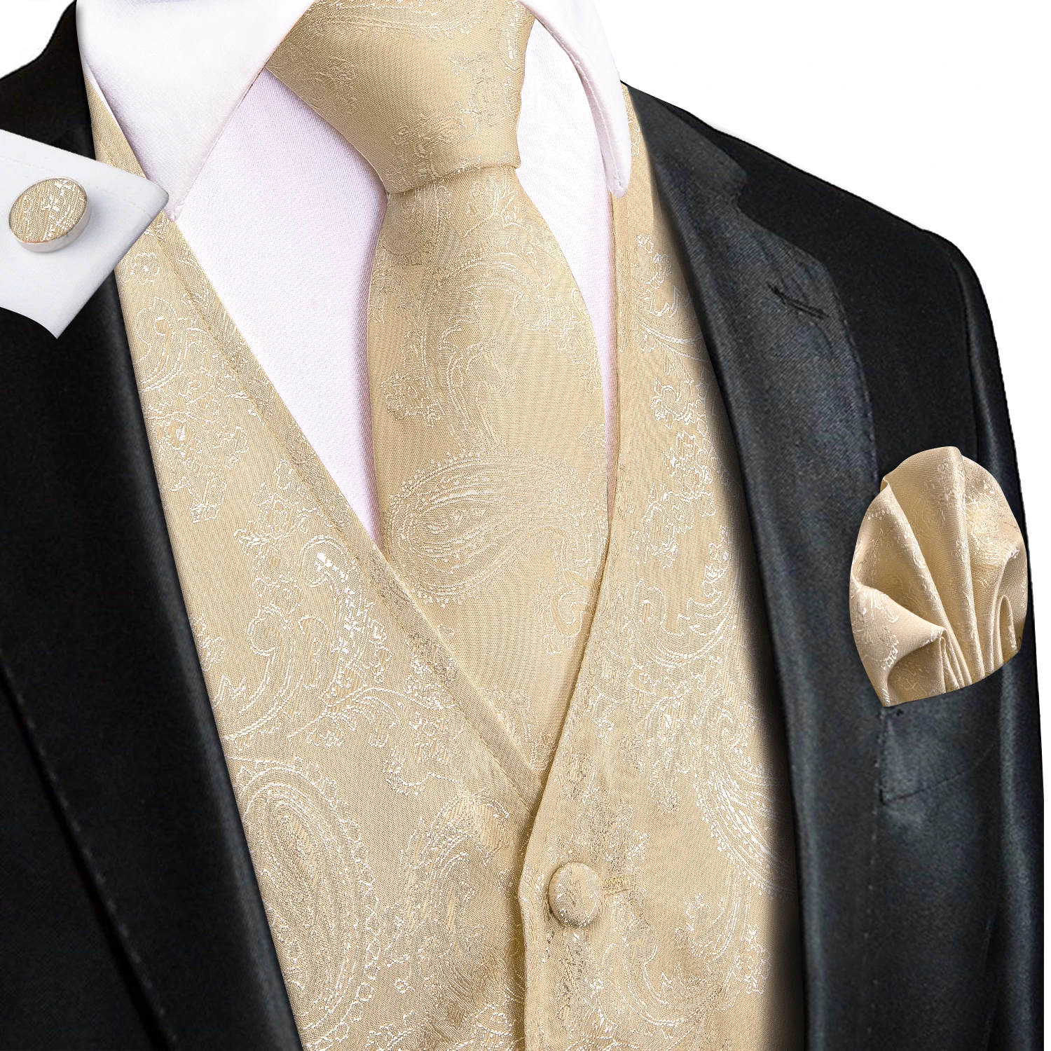 Hi-Tie 4PC Paisley Champagne Silk Mens Suit Vest Woven Waistcoat Tie Pocket Square Cufflink Business Wedding Dress Waist Jacket