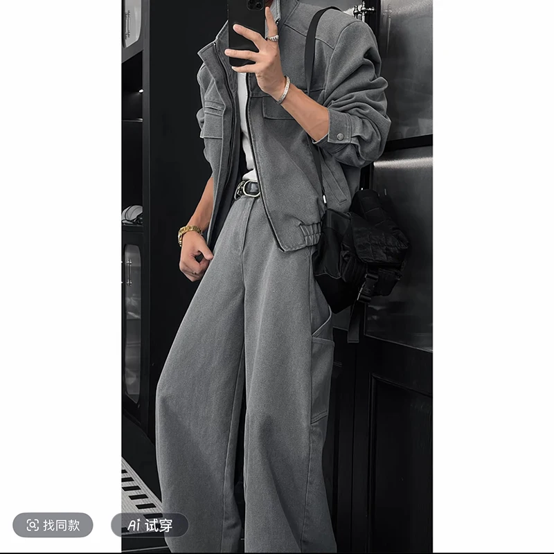 Giacca corta unisex con colletto alla coreana Pantaloni larghi a gamba larga Set Autunno Inverno Nuovo streetwear casual alla moda Moda urbana oversize