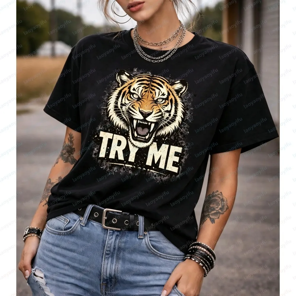 Women Fashion Summer Short Sleeve T-Shirt Try Me Tiger Pattern Graphic Tee Dark Humor Streetwear Fierce Animal Casual Tops