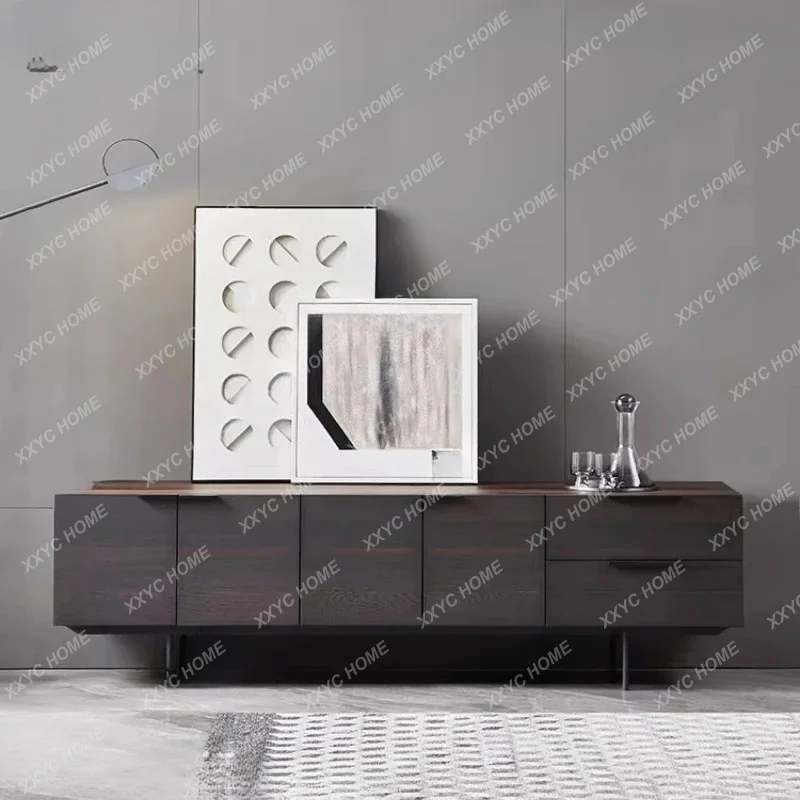 A modern simple living room TV cabinet, minimalist smoked solid wood floor cabinet