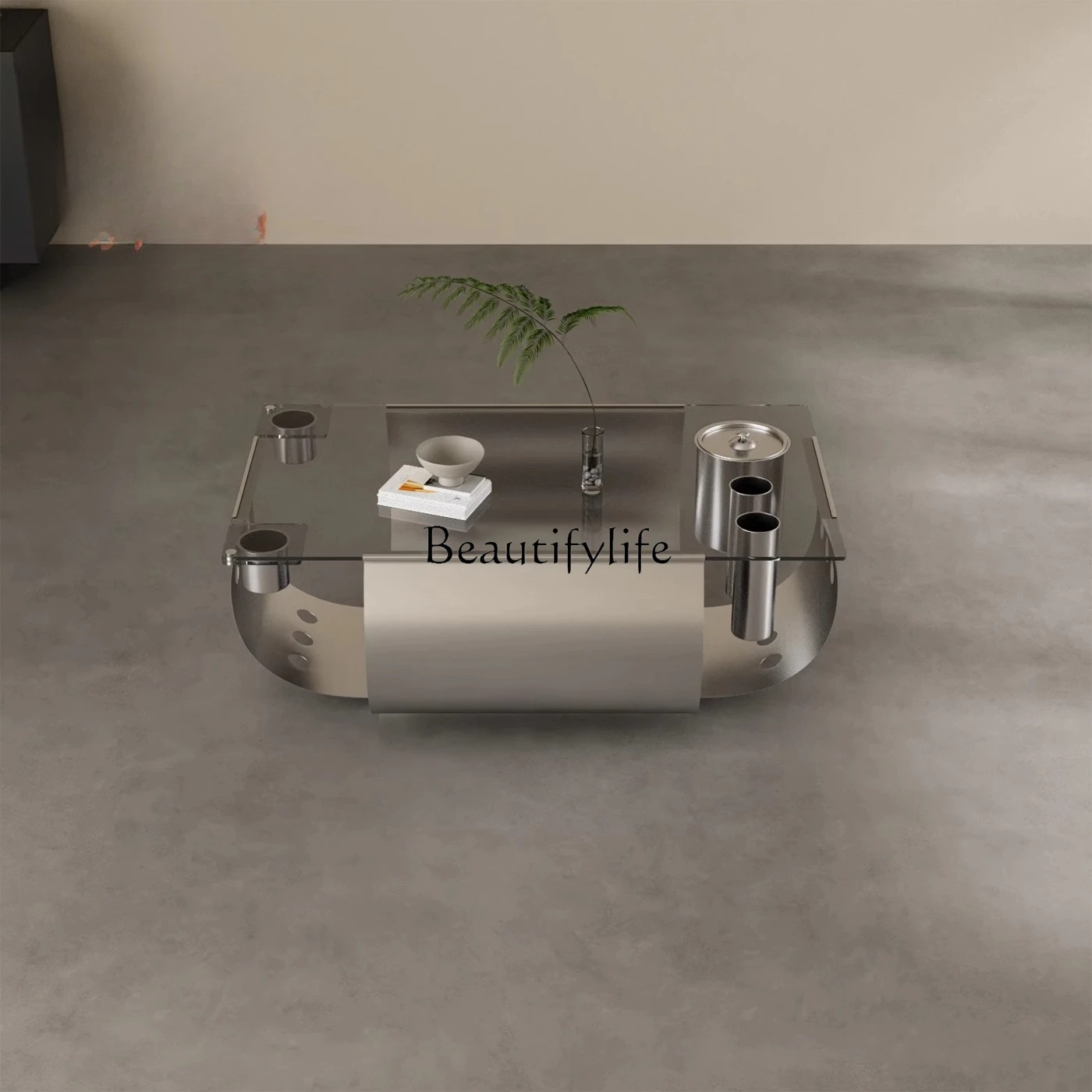 

French designer stainless steel rectangular coffee table ultra-white tempered glass