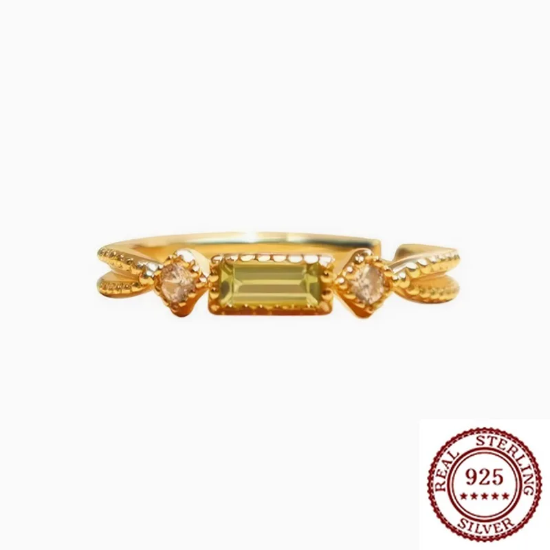 

New Olive Green Color Solid S925 Silver Plated Open Mouth Ring Light Luxury Grass Upward Adjustable Ring