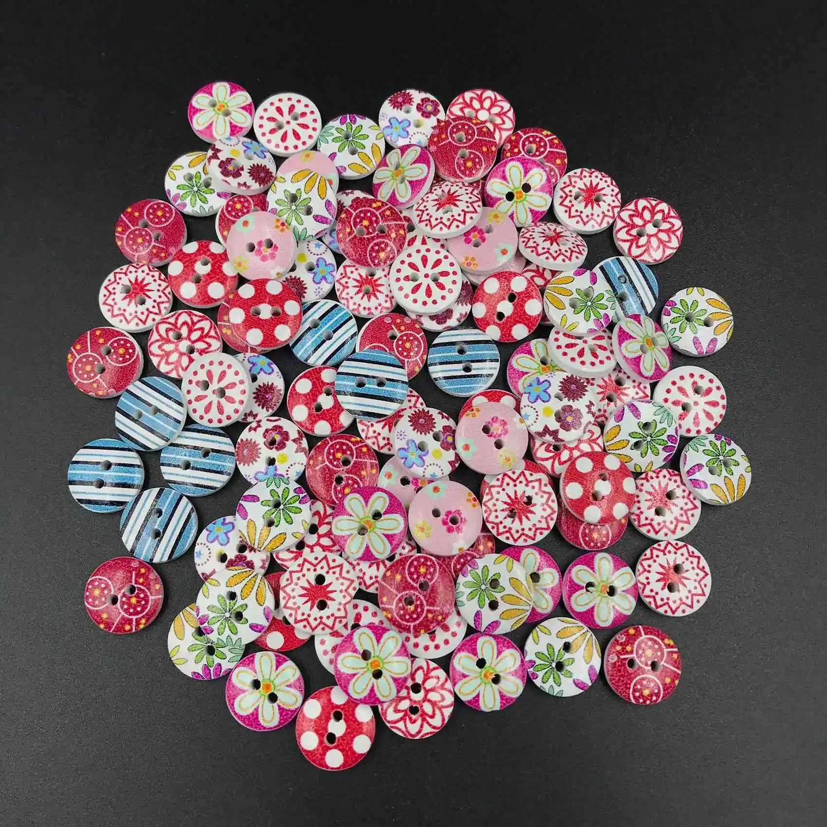 100 Mixed Wooden Buttons, 15mm Round Decorative Painted Wooden Buttons, Handmade Decorative Items