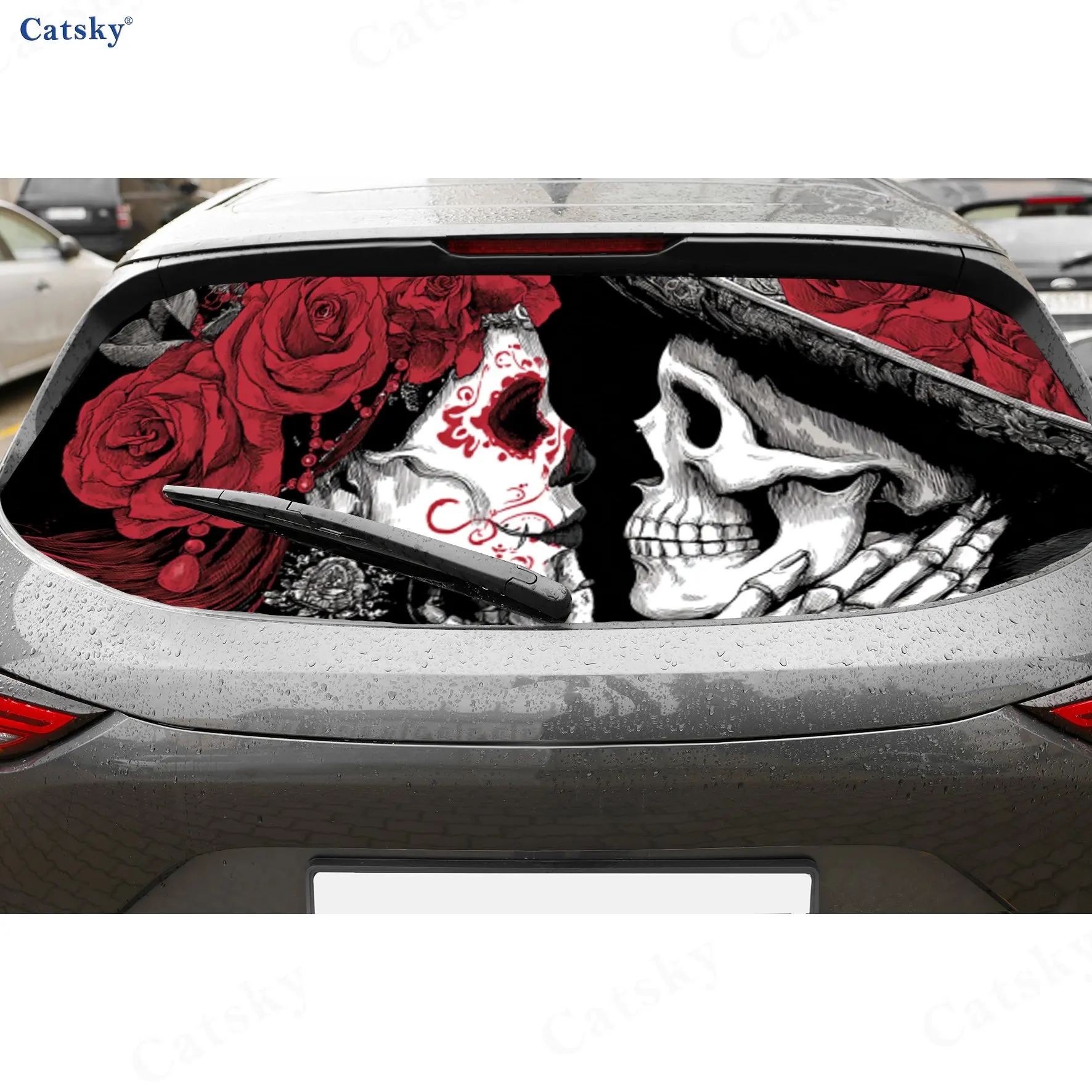 Day of the Dead Skull Couple Romance Adventure PVC Perforated Car Vinyl Wraps, Durable Car Rear Windshield Sticker, Waterproof C
