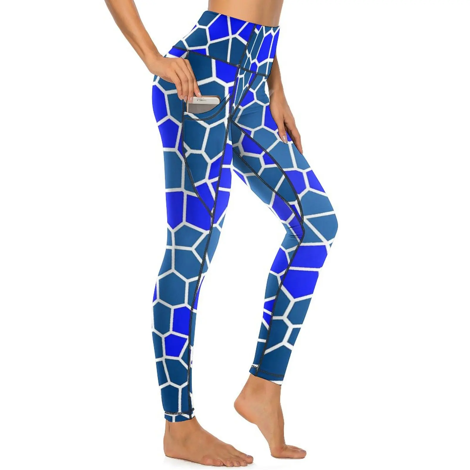 Pantaloni da Yoga geometrici Vintage tasche Leggings a mosaico blu collant sportivi da Yoga a vita alta Sexy Leggins elastici da palestra per il Fitness