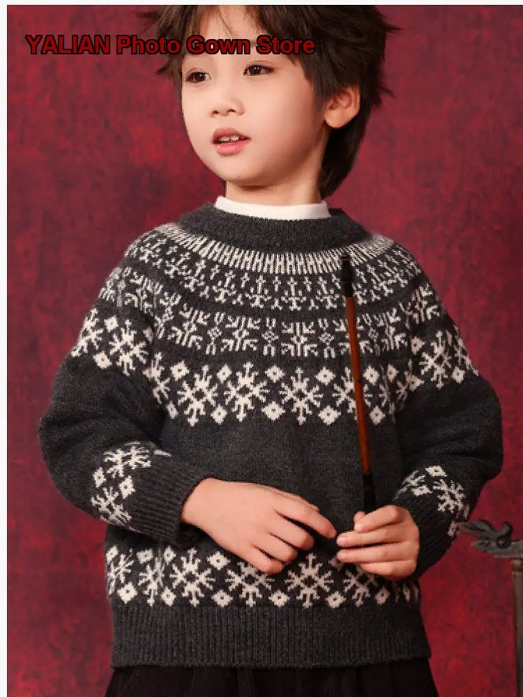 Boys Outfit Kids Autumn Winter Knit Base Layer Top Solid Color Thickened Warm Festive New Year
