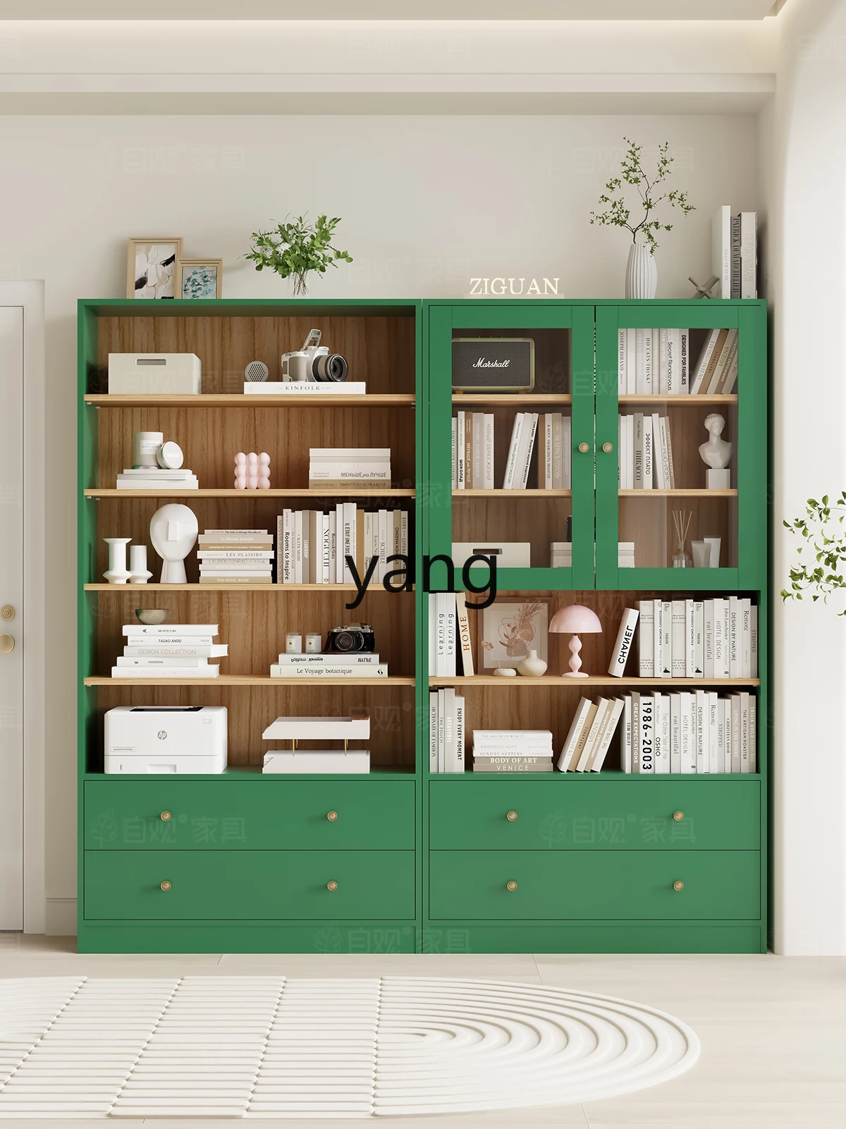 LXL Retro Green Bookcase Living Room Glass Door Dustproof High Cabinet Combination Hand-Made Display Cabinet