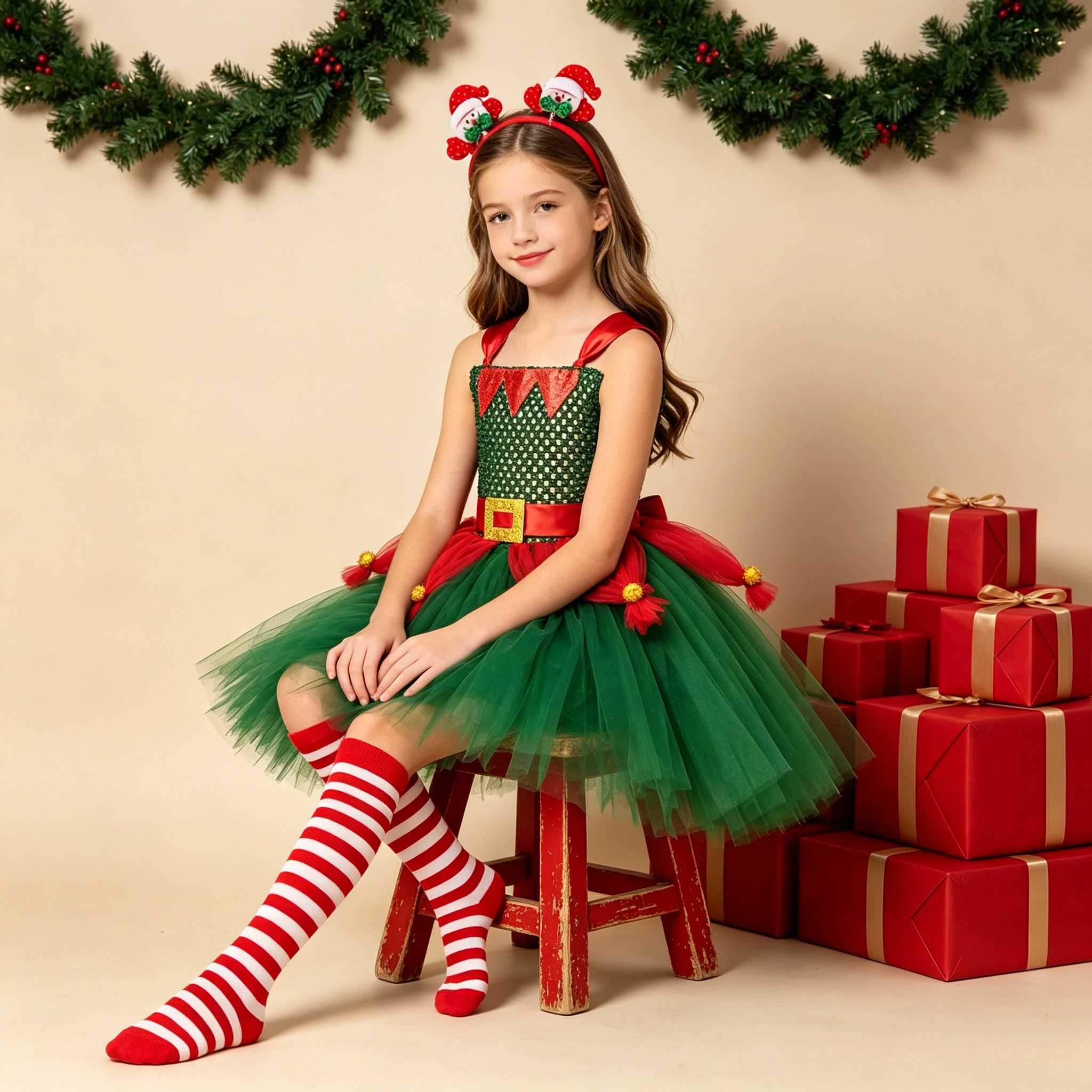 Green Red Tree Christmas Party Role Play Fancy Tulle Dress With Accessories For Tollder Kindergarten Festival Dance Show Outfit