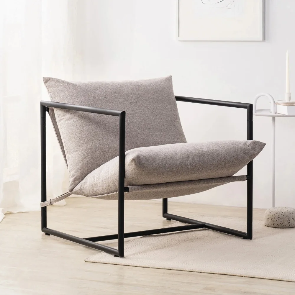 

Metal-framed interior sling chair with foam-filled cushions for easy assembly