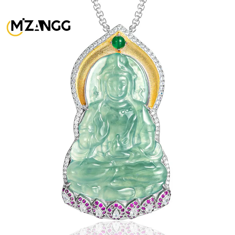 

Natural Blue Water Jadeite Tara Goddess of Mercy Pendant 925 Silver Inlaid Jade Necklace Mens and Women's Fashion Luxury Jewelry