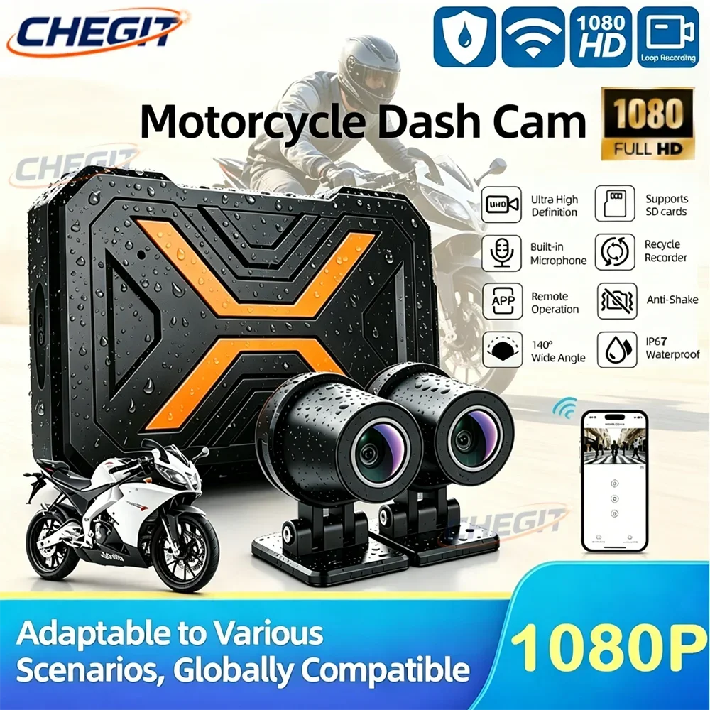 IP67 Waterproof 1080P Motorcycle Sports Camera Dual Front Rear Recording WiFi Link Intelligent Image Stabilizer Motorbike DVR
