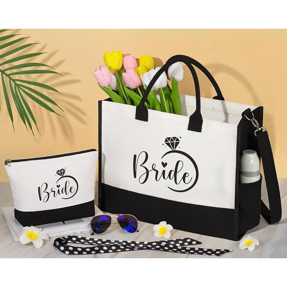 Wedding Bridal Shower for Bride to Be Bachelorette Party Gift for Set Canvas Beach Tote Bag Makeup Bag for party decoration gift