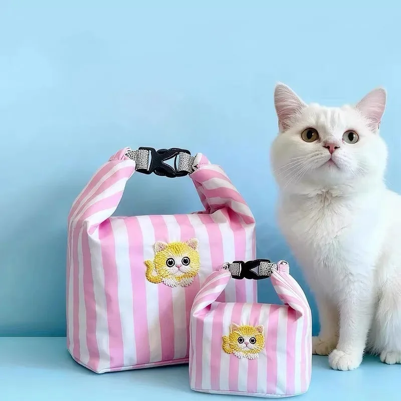 New Pink Striped Strawberry Cat Insulated Cute Lunch Handbag Large Capacity Folding Roll Bento Bag Picnic Food Fresh Cooler Bag