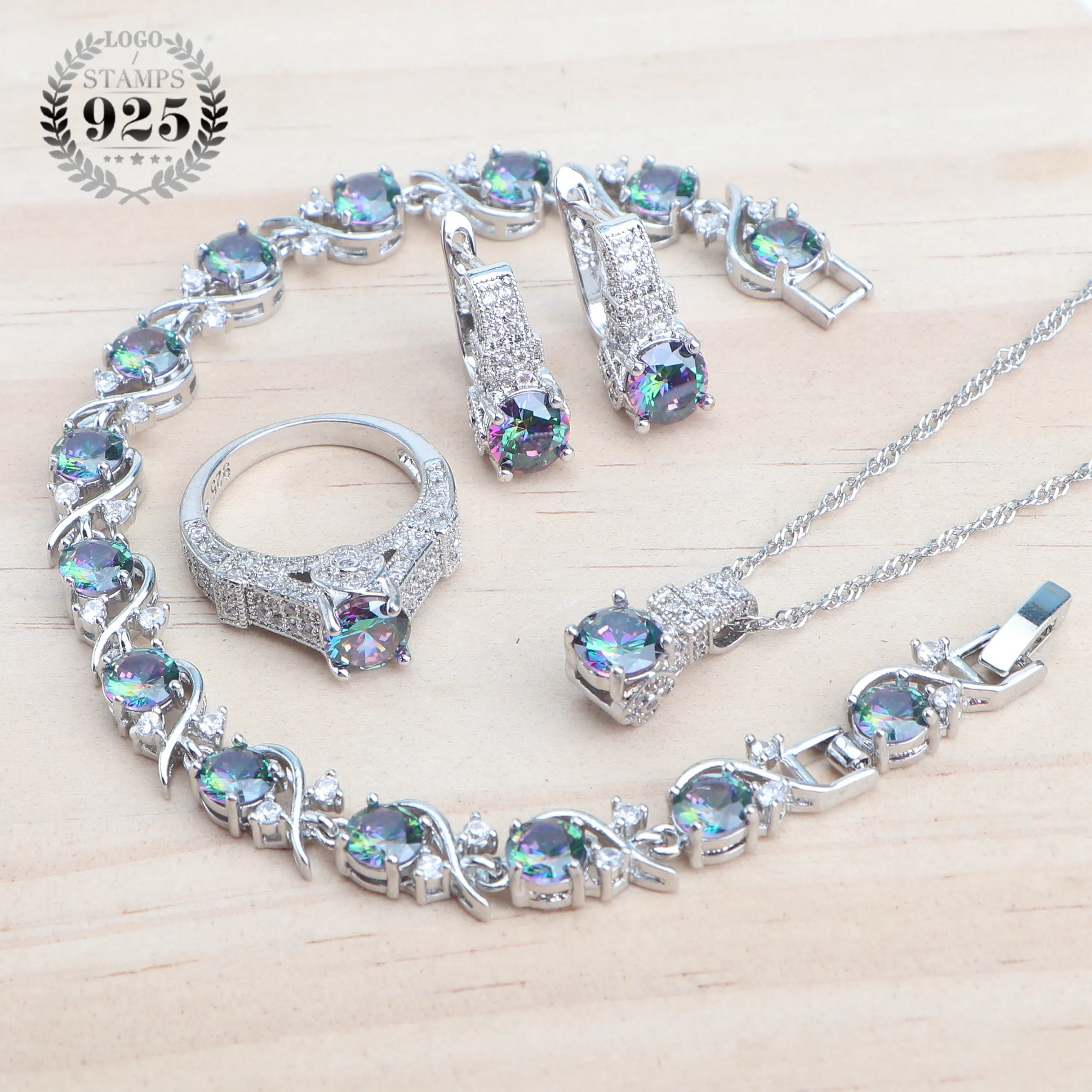 925 Sterling Silver zestawy biżuterii dla kobiet biżuteria ślubna damskie fioletowe cyrkonie kolczyki zestaw bransoletek pierścionki wisiorek naszyjnik