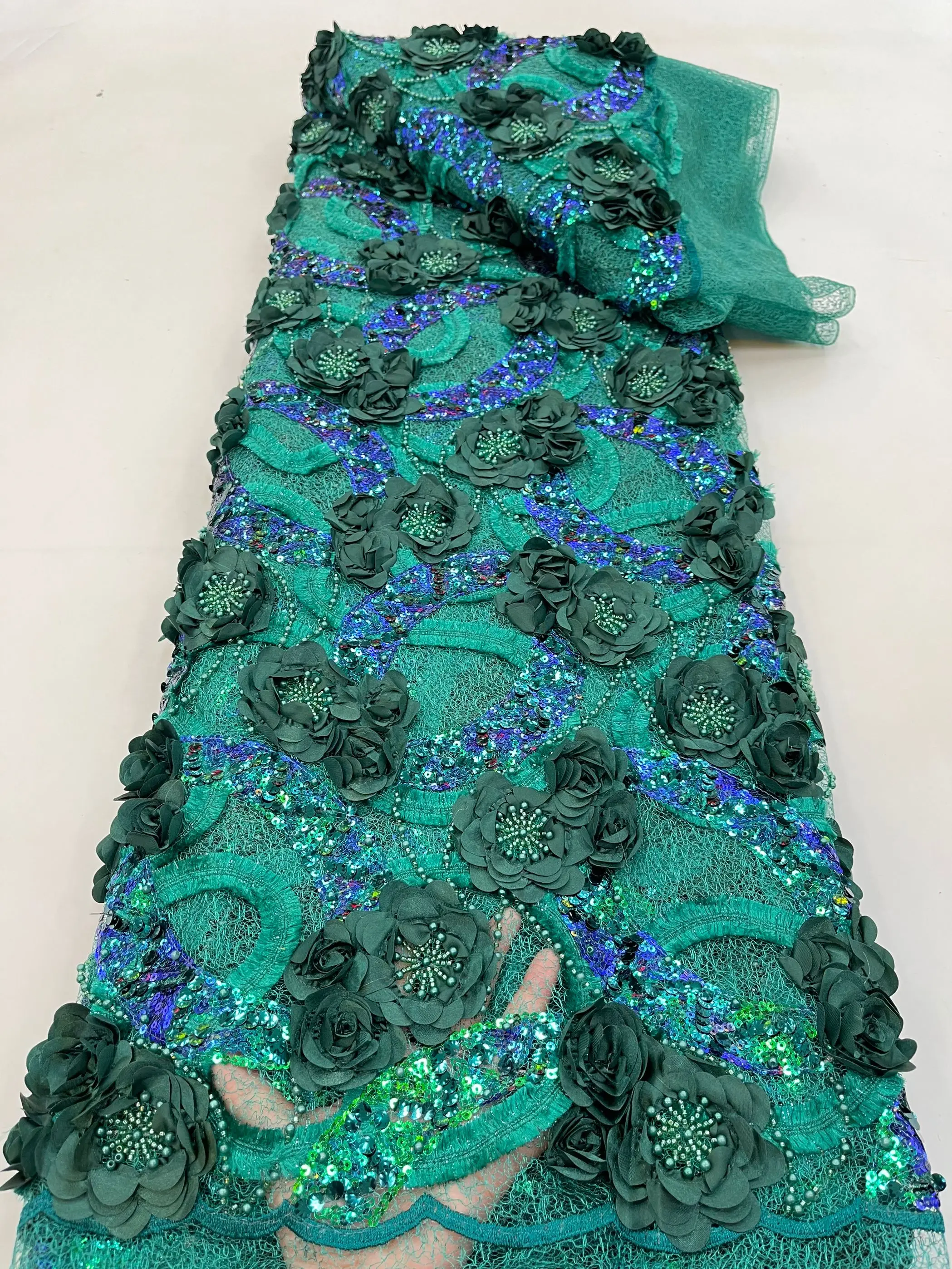 Luxury African Blue Sequins Embroidered Fabrics White Lace Fabric 5 Yards Green Beaded French Mesh With Sequence for Sewing 2026