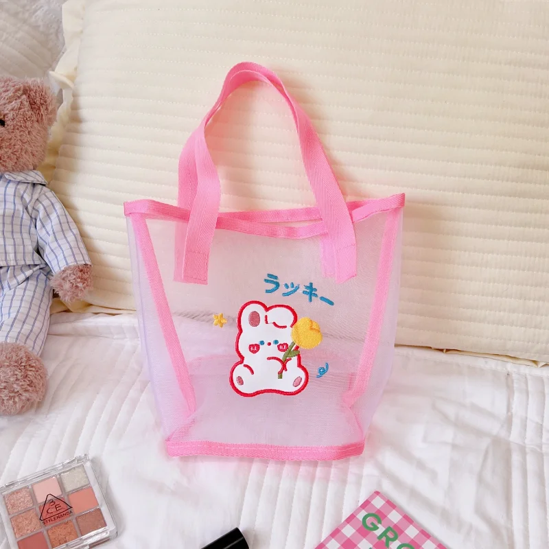 Summer Simple Vintage Lovely Female Bag Bear Transparent Mesh Hand-held Shoulder Bags Girl Beach Wash Makeup Storage Bag Hot