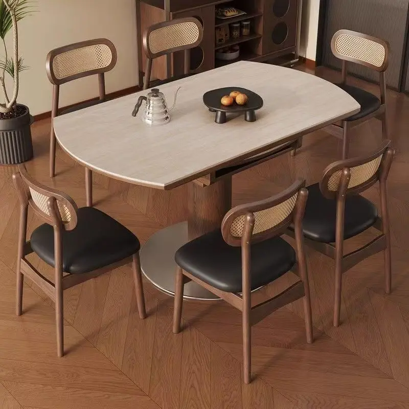 #Vintage-style Medieval Slate Rock Slab Dining Table Chair Set Extendable Foldable Round Dual-use Home Furniture With Wood Legs