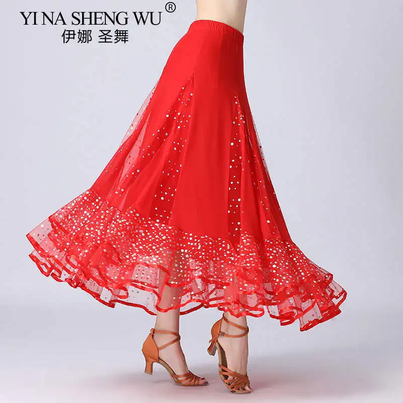 Costumi di danza moderna da donna per le donne Gonne di danza con paillettes di flamenco Valzer Spagnolo Sala da ballo Tango Gonna di scena con costume grande altalena