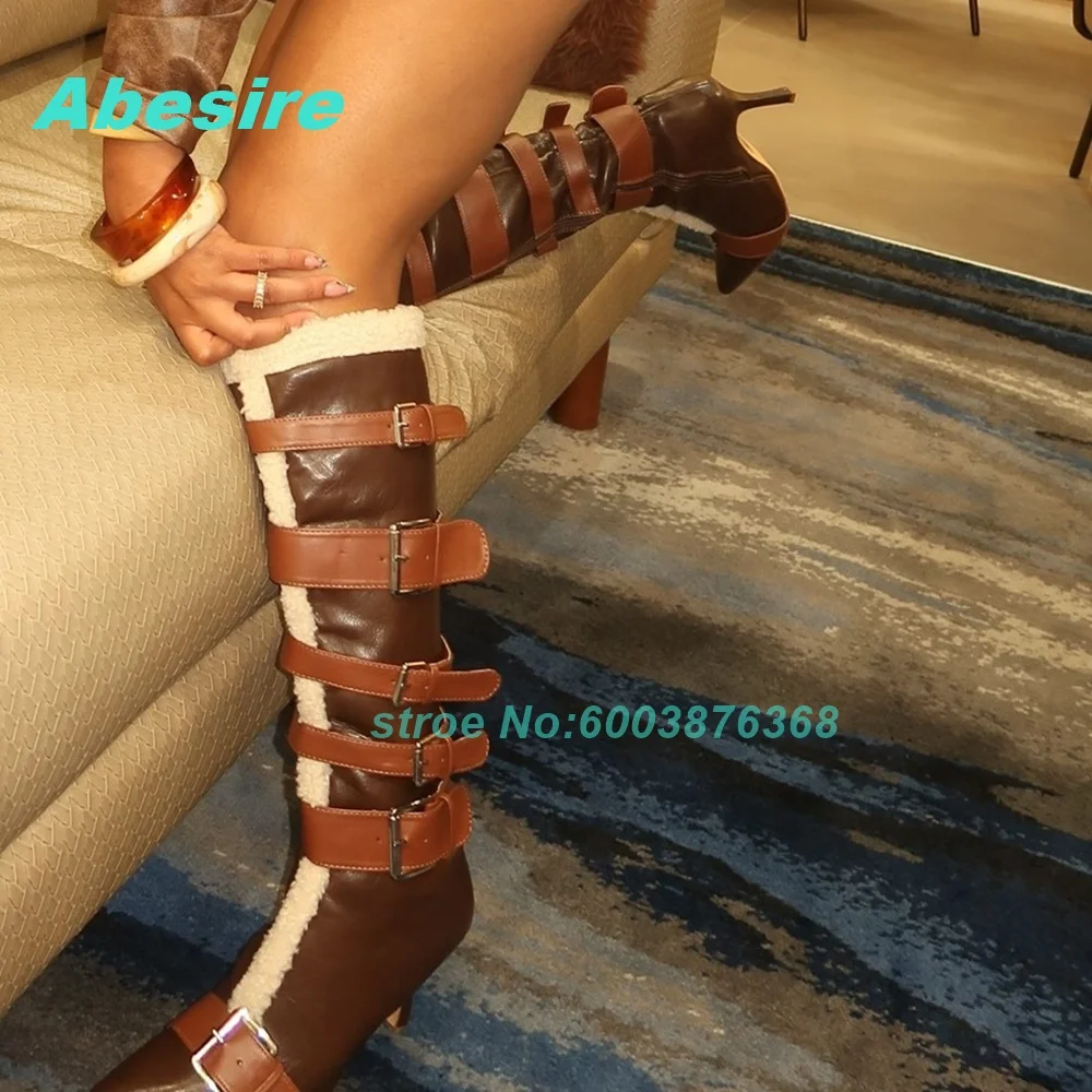 Belt-Buckle Patchwork Mixed-Color Knee High Boots Pointed Toe Thin Heels Zipper Shoes for Women Causal Concise Daily Shoes New