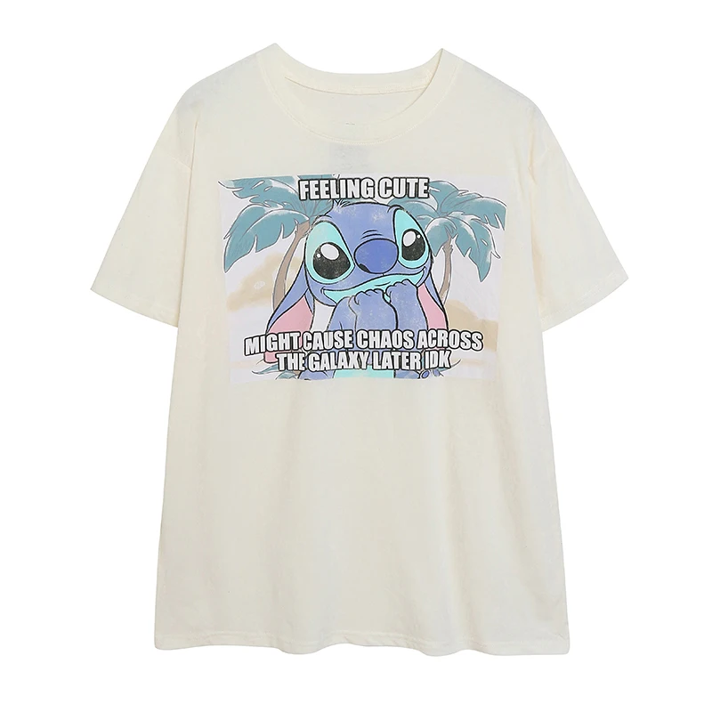 Fashionable Cute Cartoon Print round Neck Short Sleeve Loose Comfortable Soft T-Shirt Women's Casual Cotton Polyester Blend Tee