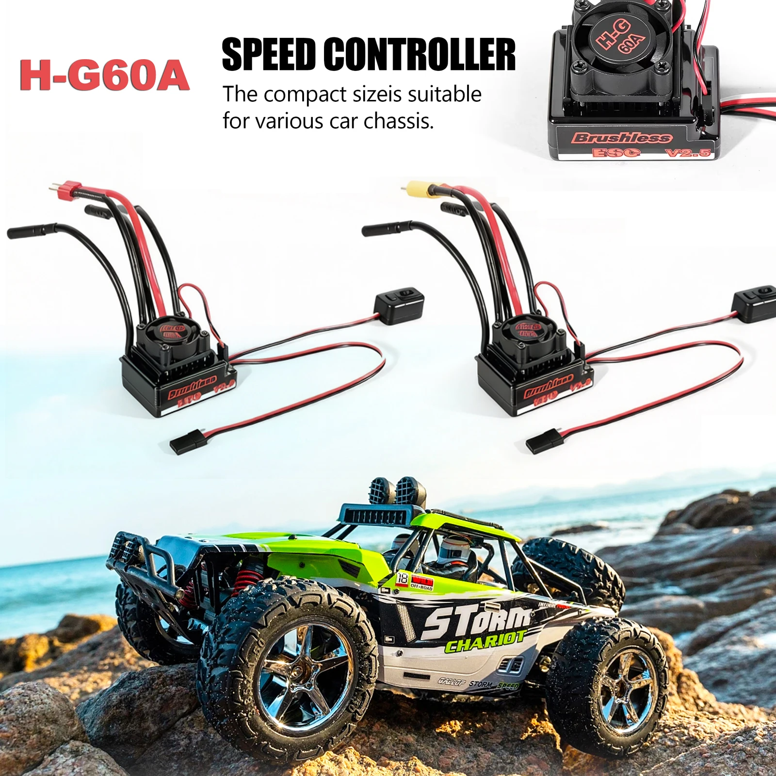 ESC sin Escobillas RC 60A ​ Controlador de velocidad electrónico H-G60A 2-3S para coches RC Wltoys WPL 1/10, Monster Buggy, todoterreno y carretera