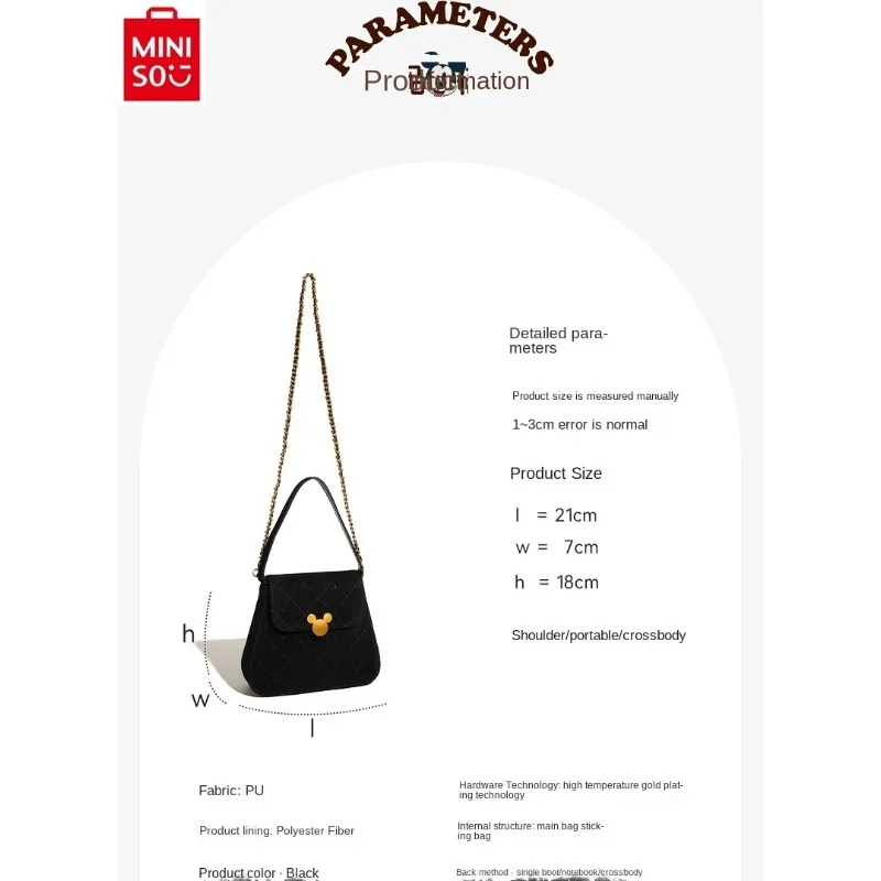 MINISO Disney Luxury Brand Mickey Diamond Pattern Shoulder Bag for Women High Quality Handheld Straddle Dual Use Chain Bag