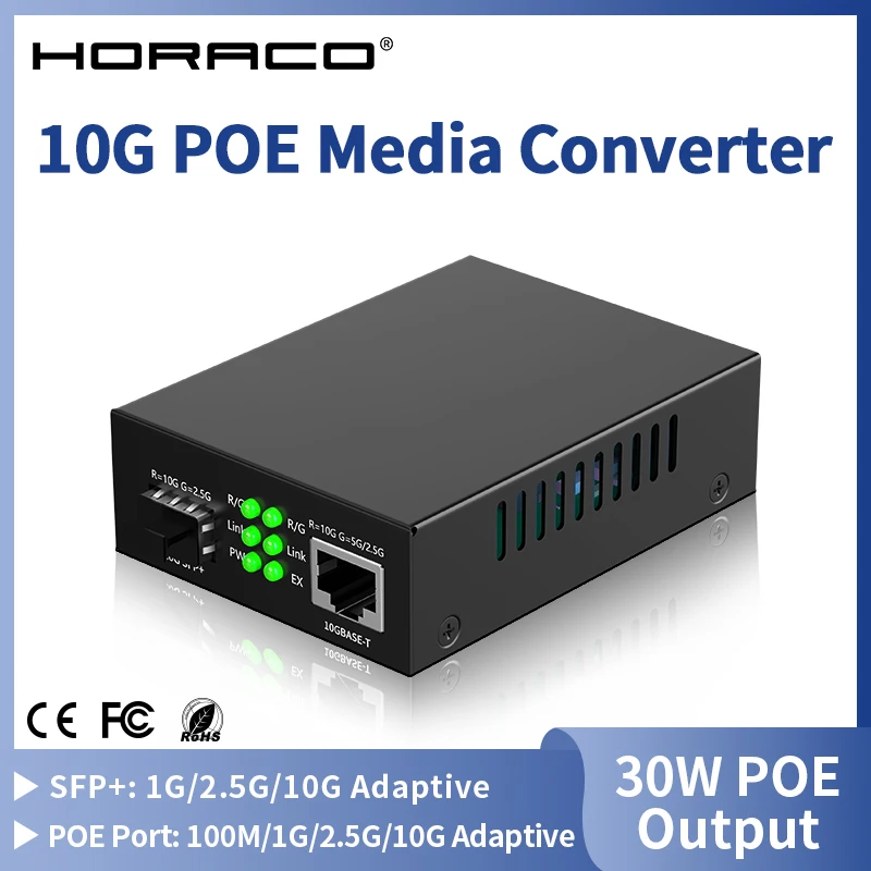 HORACO 10G SFP+ Fiber to RJ45 POE Media Converter RJ45 to SFP+ 10/100/1000M/2.5G/10G Ethernet Converter Transceiver 30W POE Out