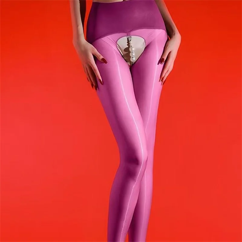 Oil Shiny Open-Crotch With Pearl Sexy Pantyhose for WomenTransparent Silky Oil Shiny Tights High Waist