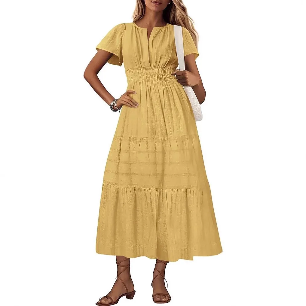 2025 casual primavera e verão cross border europeu e americano feminino com decote em v dobrado manga bolha em camadas grande balanço vestido